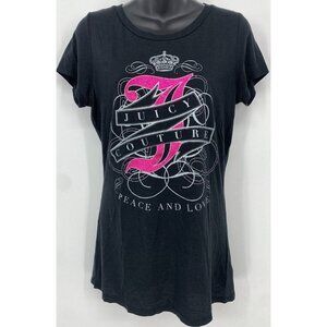 Juicy Couture Women Top Large Black Short Sleeve Graphic Crew Pullover Y2K
